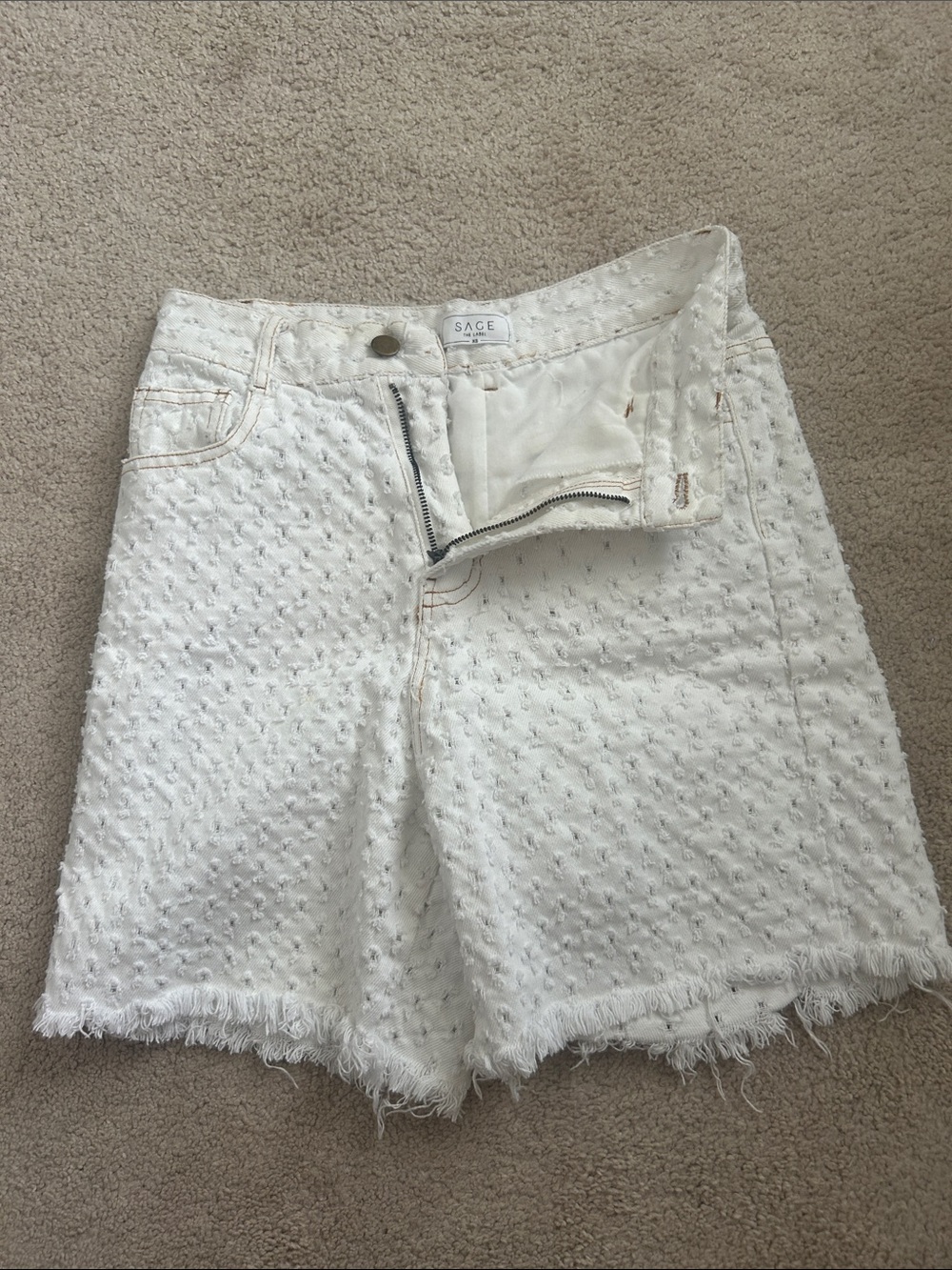 Sage The Label Off-White Textured High-Rise Jean Shorts